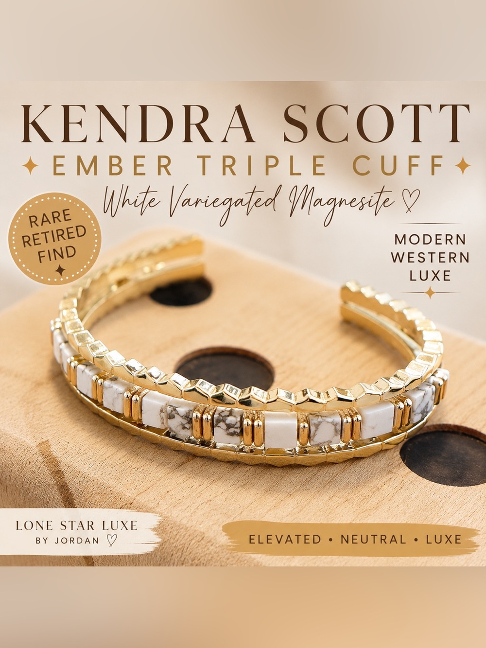 Kendra Scott Ember Gold Triple Cuff Bracelet White Variegated Magnesite HTF
